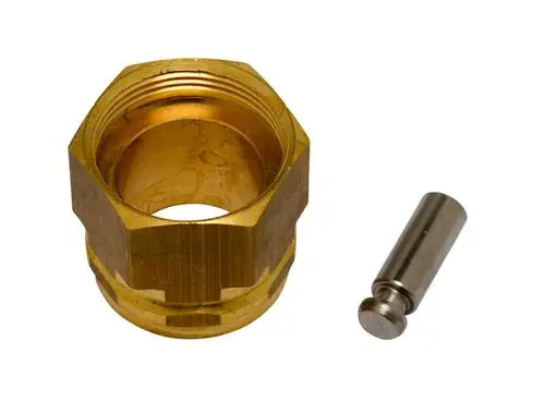 Adapterstück aus Metall mit Innengewinde und einem separaten Metallbolzen, hergestellt von IMI Hydronic Engineering, möglicherweise zur Verbindung mit Heizungsventilen.
